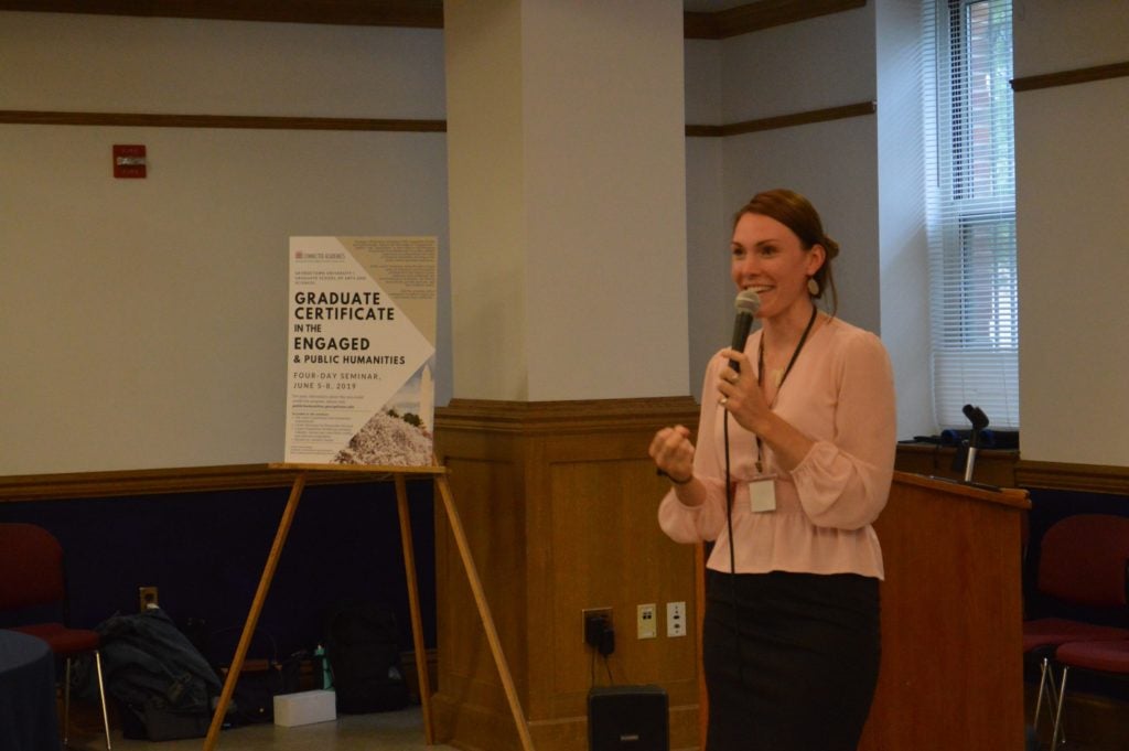 Woman speaking in the Graduate Certificate in the Engaged & Public Humanities event