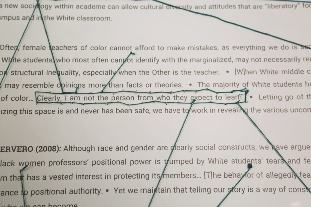 Annotated physical map of critical contributions and sentiments of the literature on faculty of color at historically white institutions.