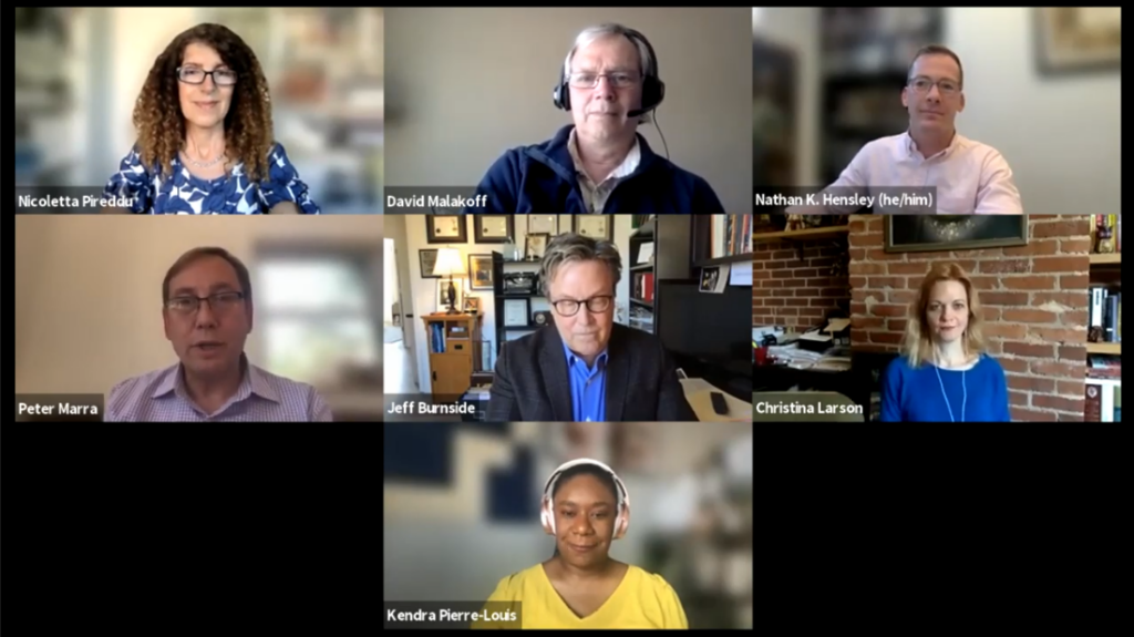 Screenshot from the event Truth Lies and Trust Environmental Science Journalism in a Misinformation Era A Conversation. Panelists include Kendra Pierre-Louis, Jeffrey Burnside, Christina Larson, David Malakoff, Nicoletta Pireddu, Nathan Hensley, and Peter Marra