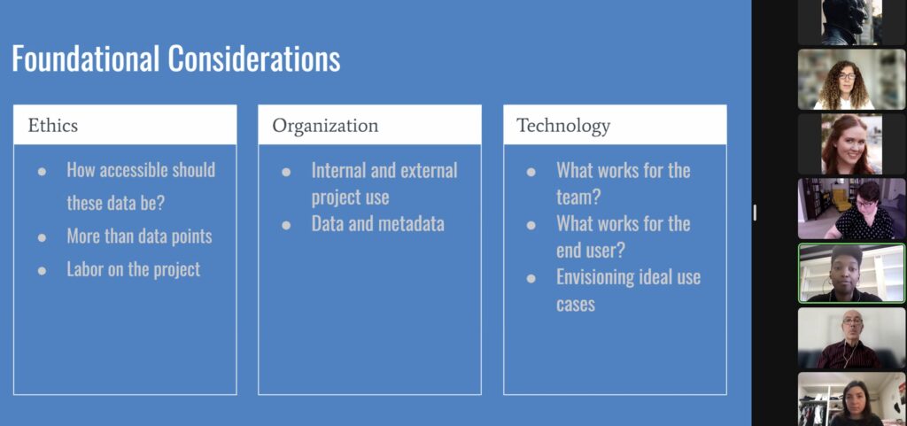 Capture from Amani Morrison's presentation on "Where to Start?: Ethics, Organization, and Technology". On the left, slide with text: Ethics: - How accessible should these data be? - More than data points - Labor on the project. Organization: - Internal and external project use. - Data and metadata. Technology: - What works for the team? - What works for the end user? - Envisoning ideal use cases.