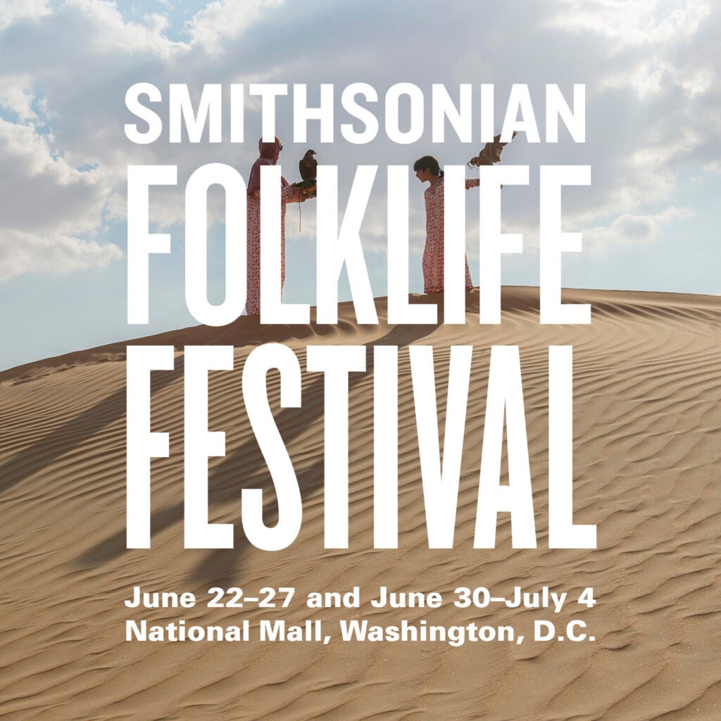 Smithsonian Folklife Festival poster, with falconer Ayesha Al Mansoori and her daughter on the background, holding falcons in their arms, above a sand dune