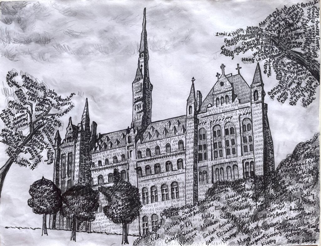 Drawing featuring Georgetown's Healy Hall adorned with the names of the GU272. The trees surronding Healy Hall are also composed of GU272 names.