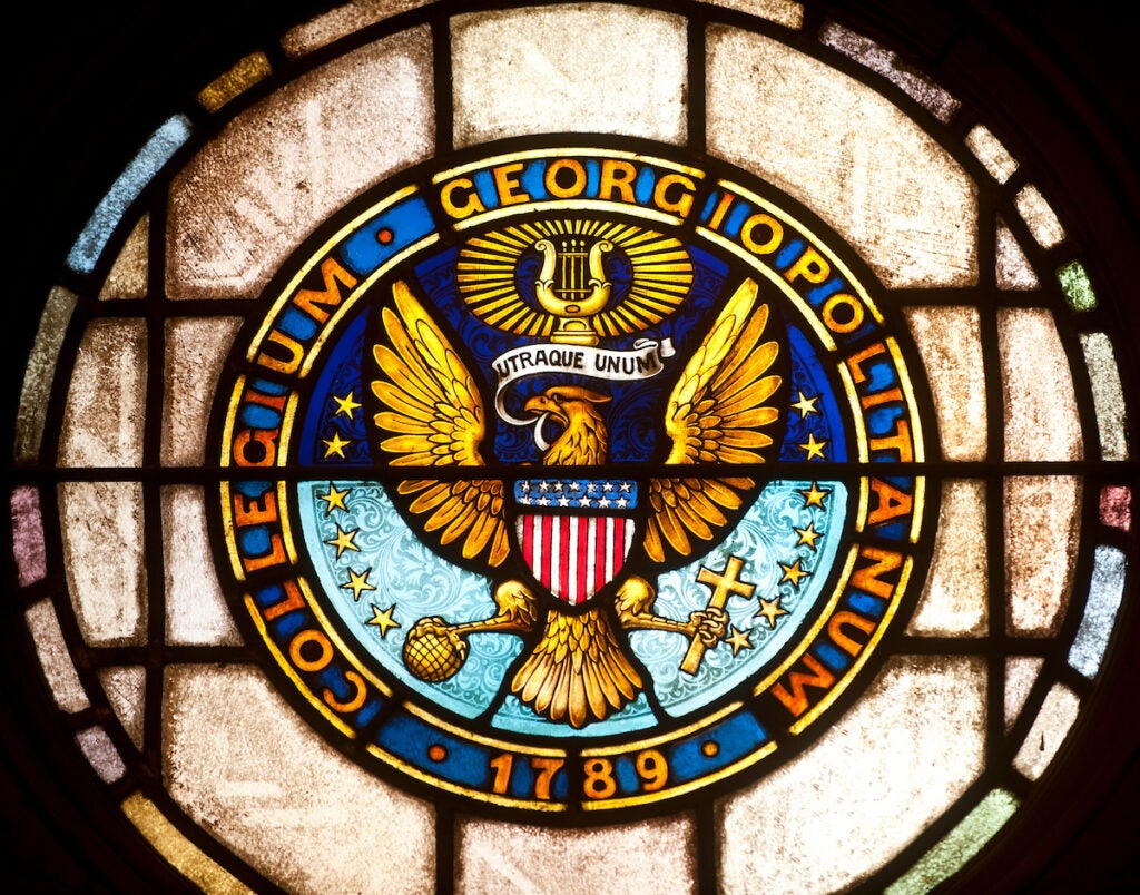 Georgetown University seal in stained glass